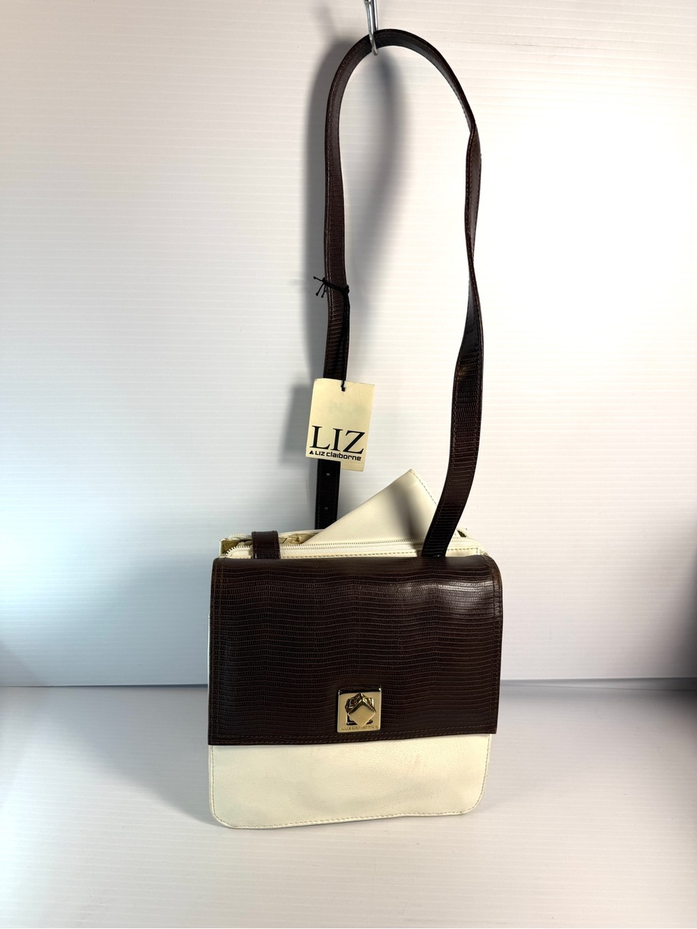 Liz Claiborne Brown and Ivory Two-Tone Leather Messenger Bag